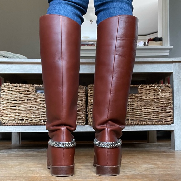 Louboutin Cate Chained Cognac Leather Riding Boots - 38.5 - Picture 3 of 9